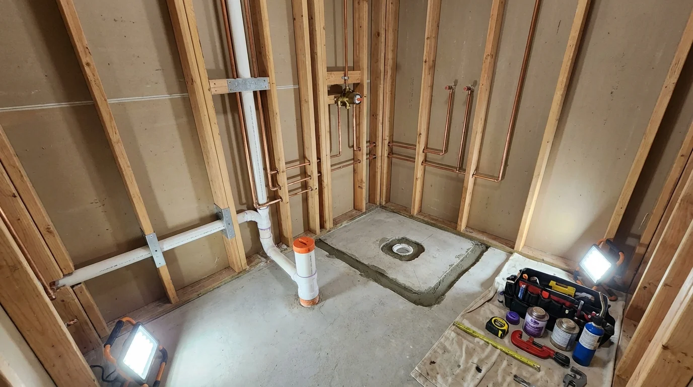 Bathroom rough-in plumbing during remodel by Johns Plumbing LLC in Chippewa Falls
