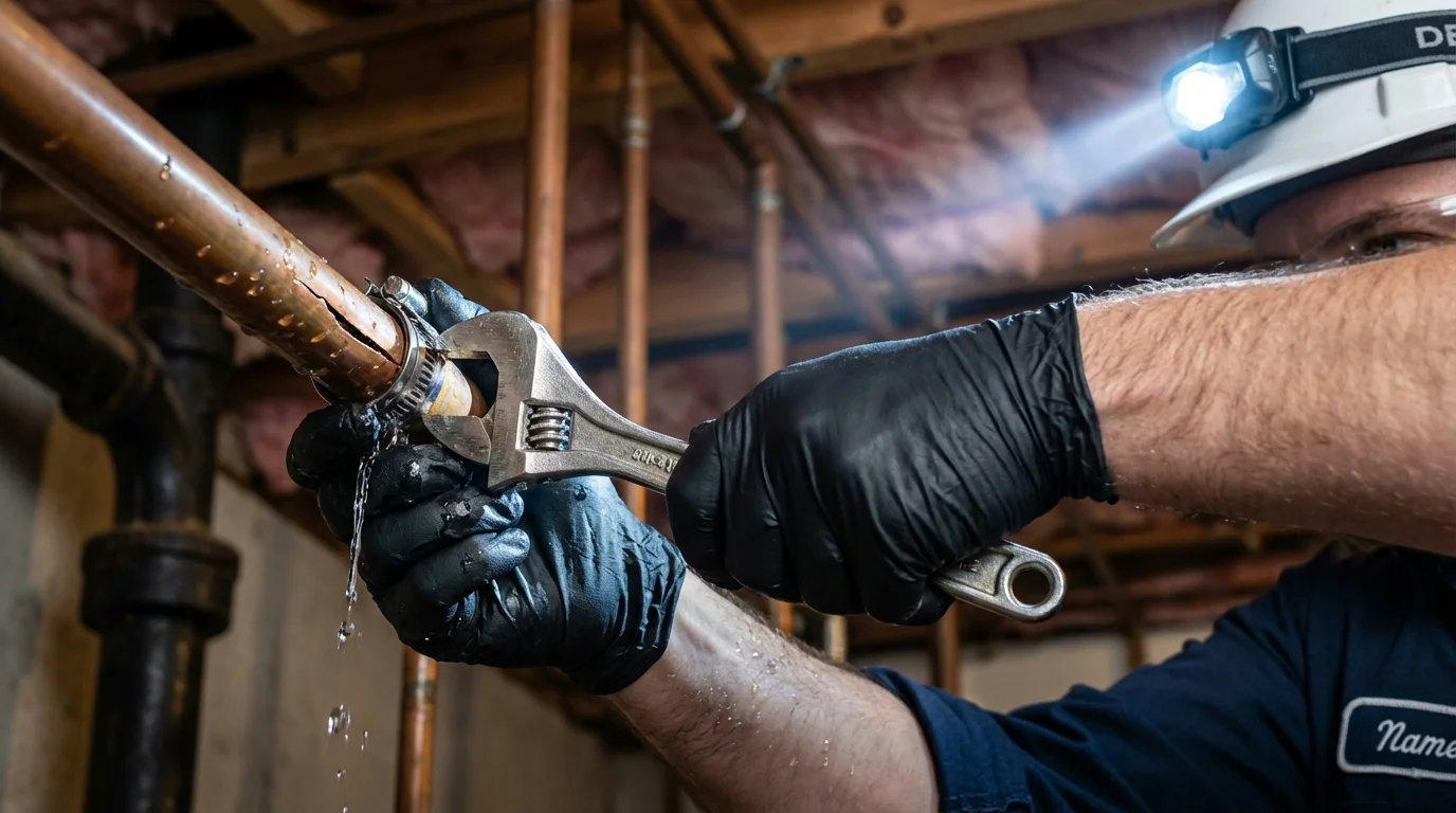 Emergency pipe clamp repair being performed by a Johns Plumbing LLC plumber in Chippewa Falls
