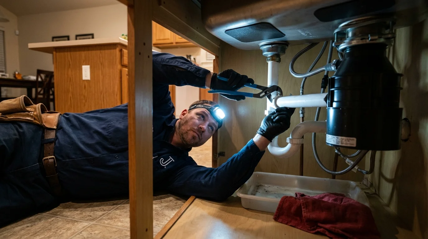 P-trap and supply line connections under a kitchen sink showing a common leak point in Chippewa Falls, WI